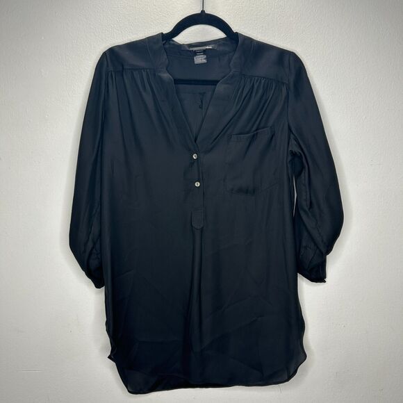 Ellison Black Satin V-Neck Front Button with Pockets Long Sleeve Blouse S - Picture 1 of 7